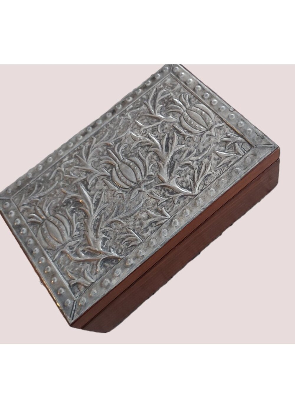 Handmade Artist Box Antonella Canada Silver Repousse Metal Wood Poppy Seed Pods